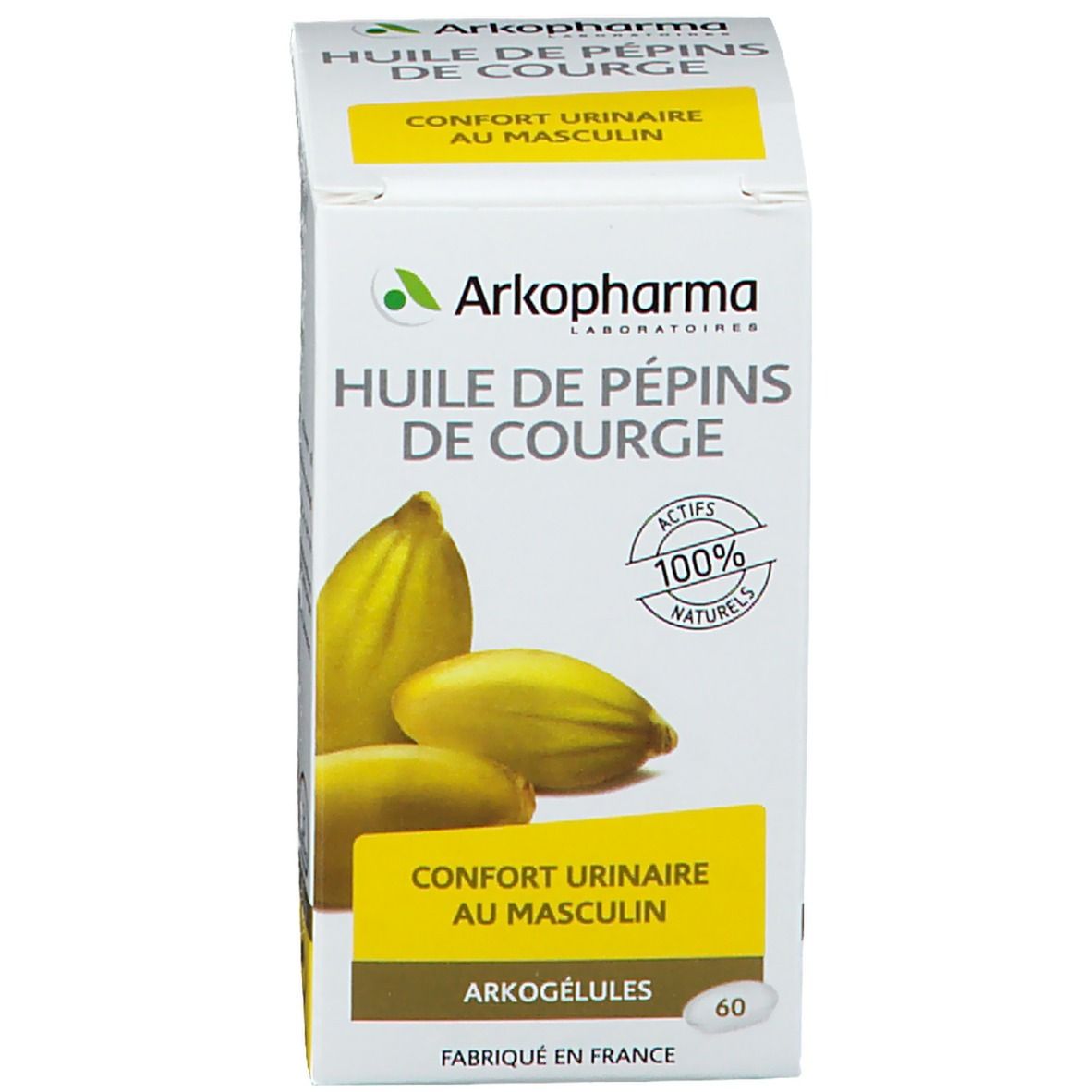 Emballage du produit. Inscription: Arkopharma, Huile de pepins de courge, 60 gélules, Confort urinaire au masculin.