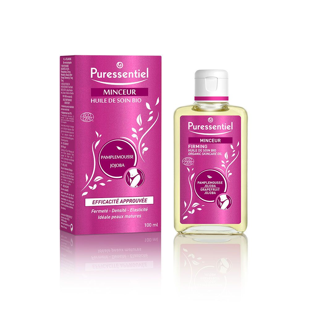 Puressentiel Huile de soin bio Minceur. Flacon et boîte. Étiquette rose avec nom, ingrédients et certification.