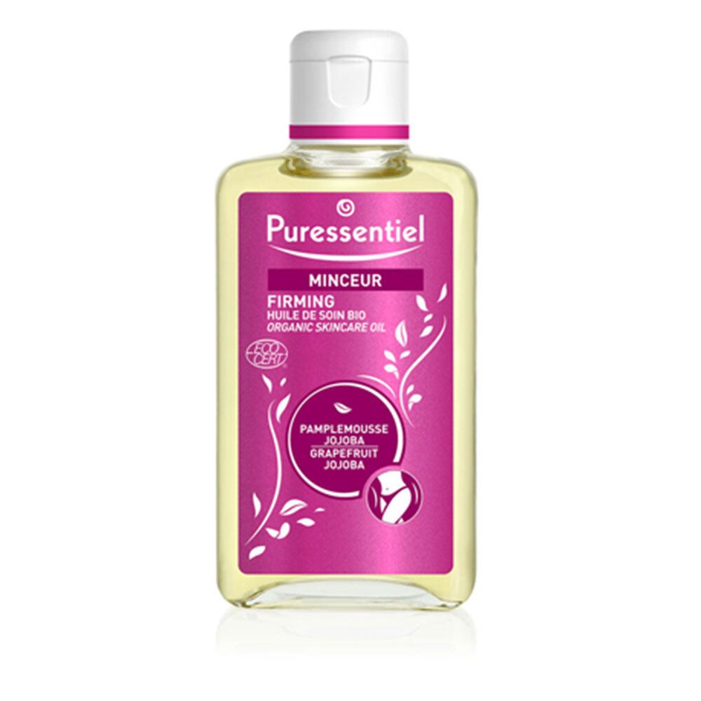 Flacon d'huile Puressentiel Minceur. Étiquette rose avec nom, ingrédients et certification. Bouchon blanc.