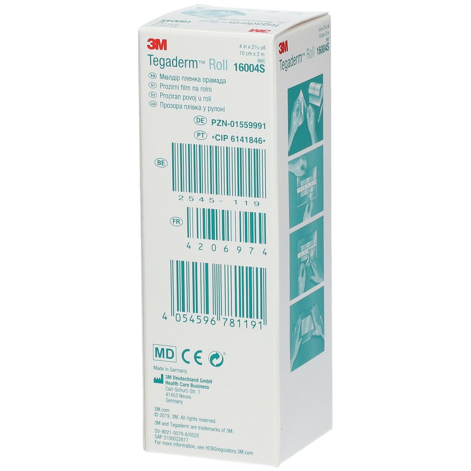 Emballage de 3M Tegaderm Roll. Code-barres, numéro de lot et autres informations sur le produit imprimés.