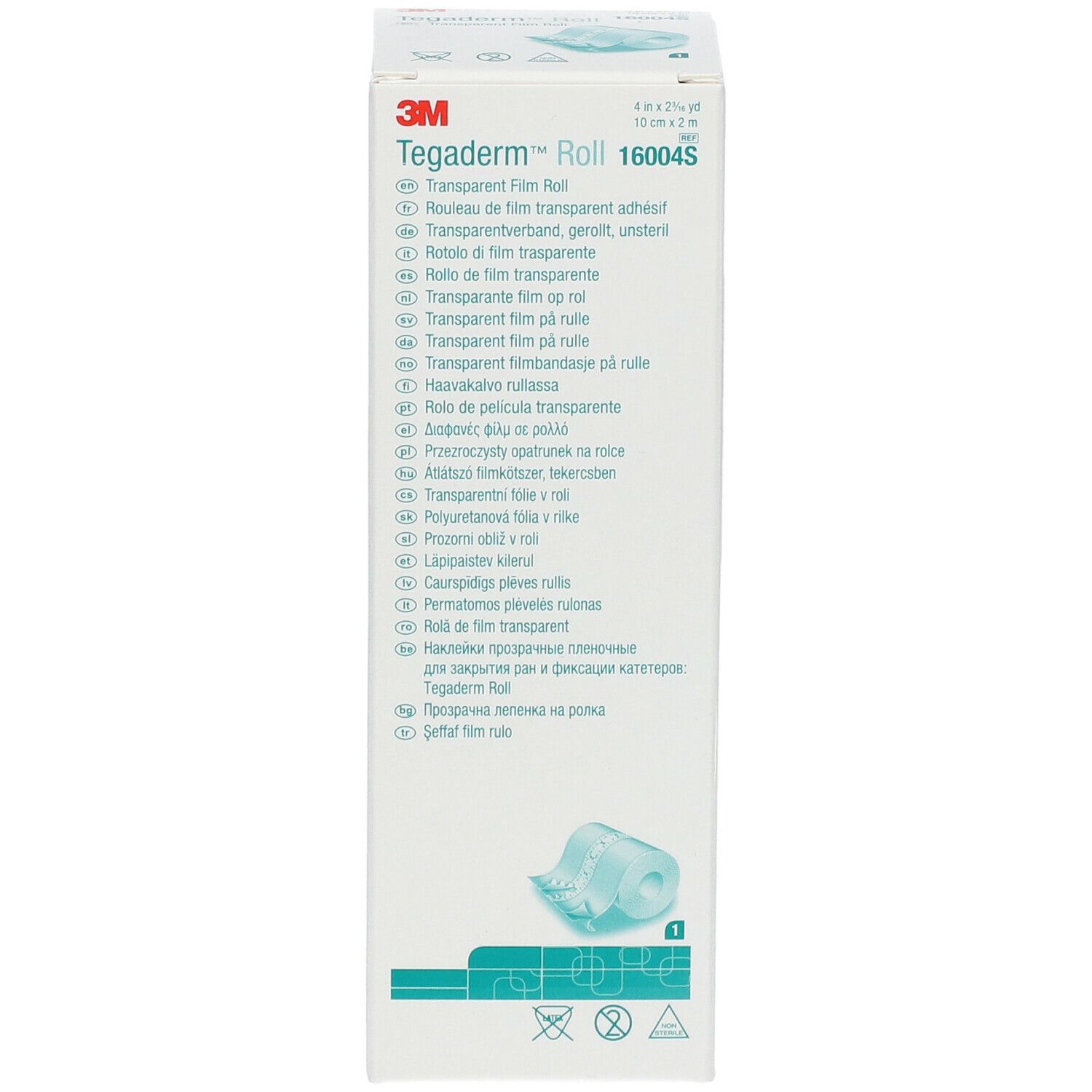 Emballage de 3M Tegaderm Roll. Le nom du produit et les dimensions sont clairement visibles. Descriptions multilingues.