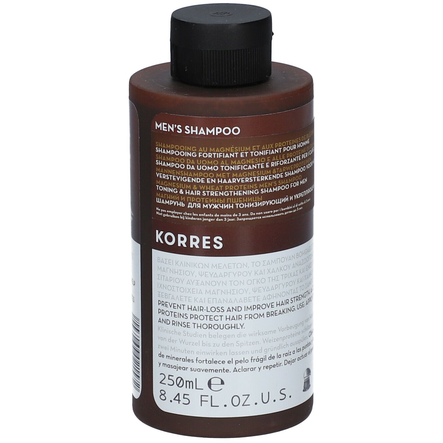 Bruine shampoo fles met zwarte dop. Opschrift: KORRES, Men's Shampoo. 250ml.