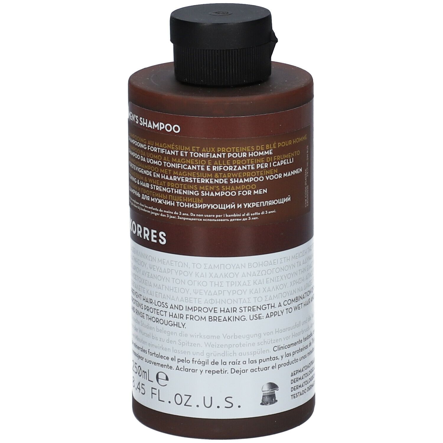 Bruine shampoo fles met zwarte dop. Opschrift: KORRES, Men's Shampoo. 250ml.