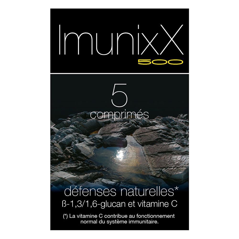 Boîte noire ImunixX 500 avec 5 comprimés. Texte : défenses naturelles, B-1,3/1,6-glucan et vitamine C.