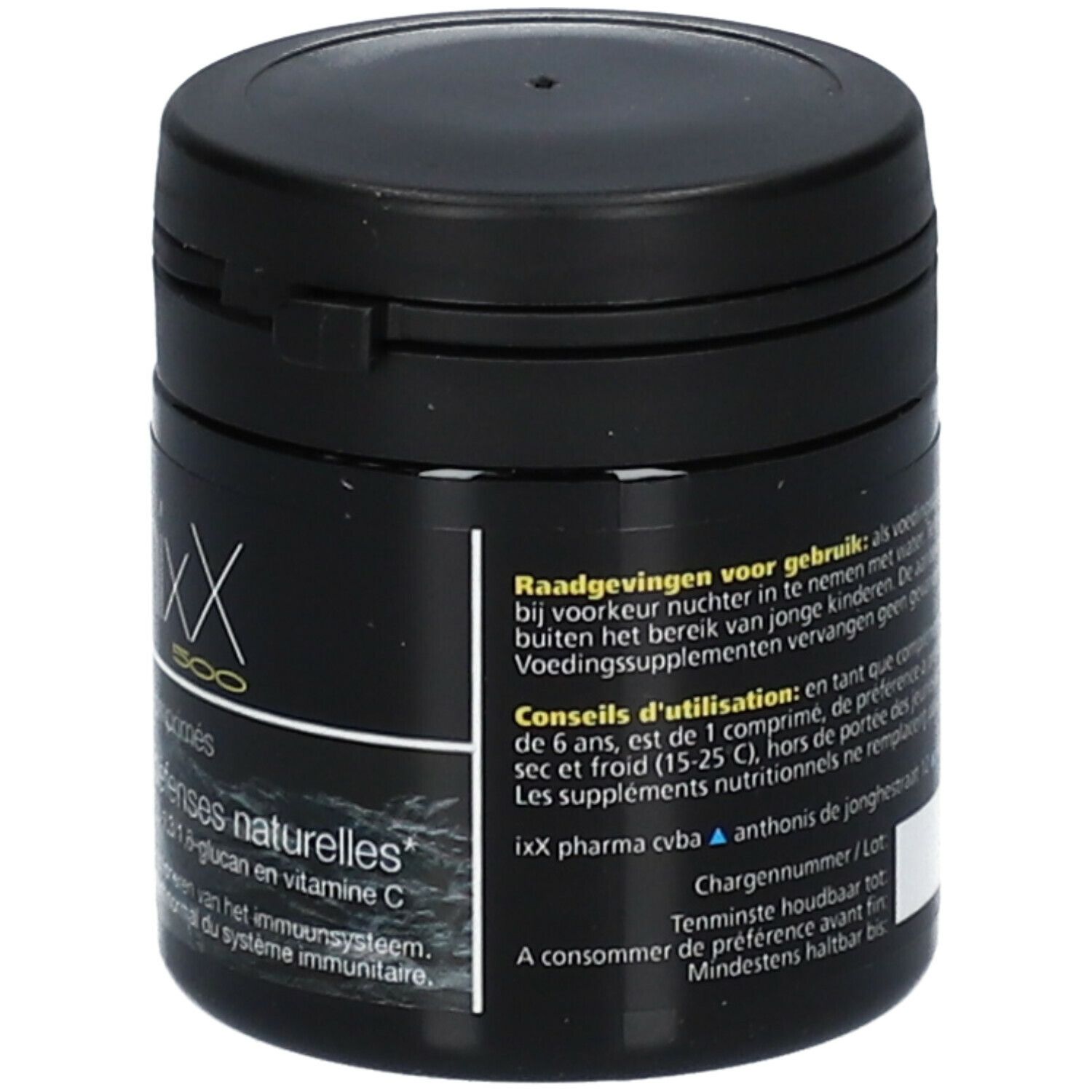 Zwarte pot ImunixX 500 met 5 tabletten. Tekst: natuurlijke weerstand, B-1,3/1,6-glucan en vitamine C.