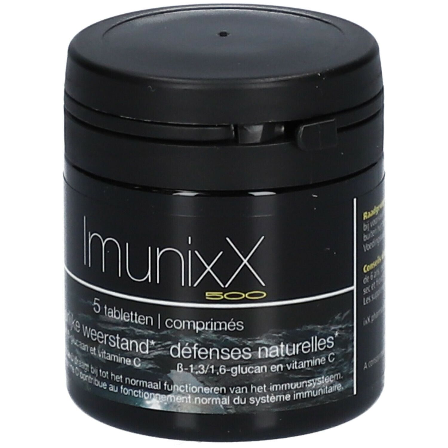 Zwarte pot ImunixX 500 met 5 tabletten. Tekst: natuurlijke weerstand, B-1,3/1,6-glucan en vitamine C.