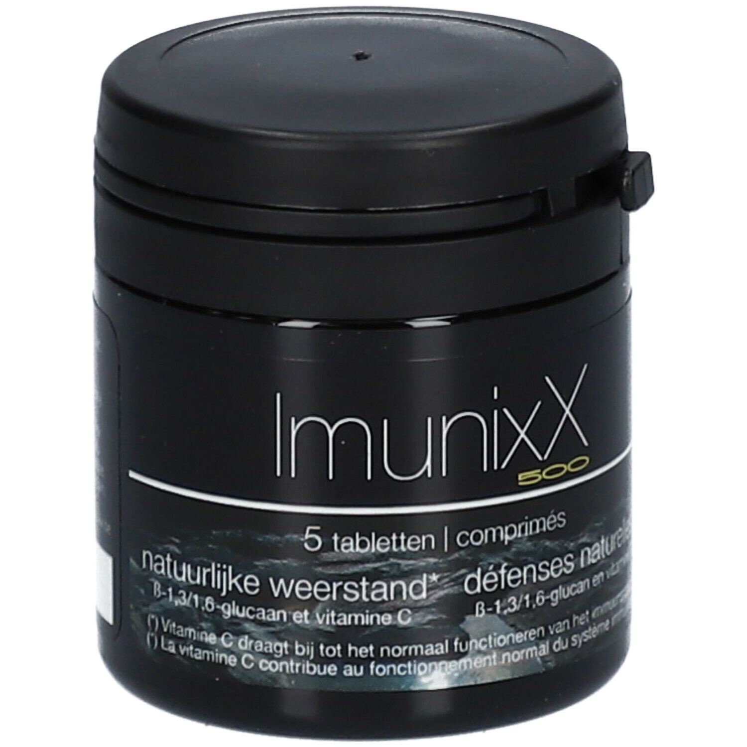 Zwarte pot ImunixX 500 met 5 tabletten. Tekst: natuurlijke weerstand, B-1,3/1,6-glucan en vitamine C.