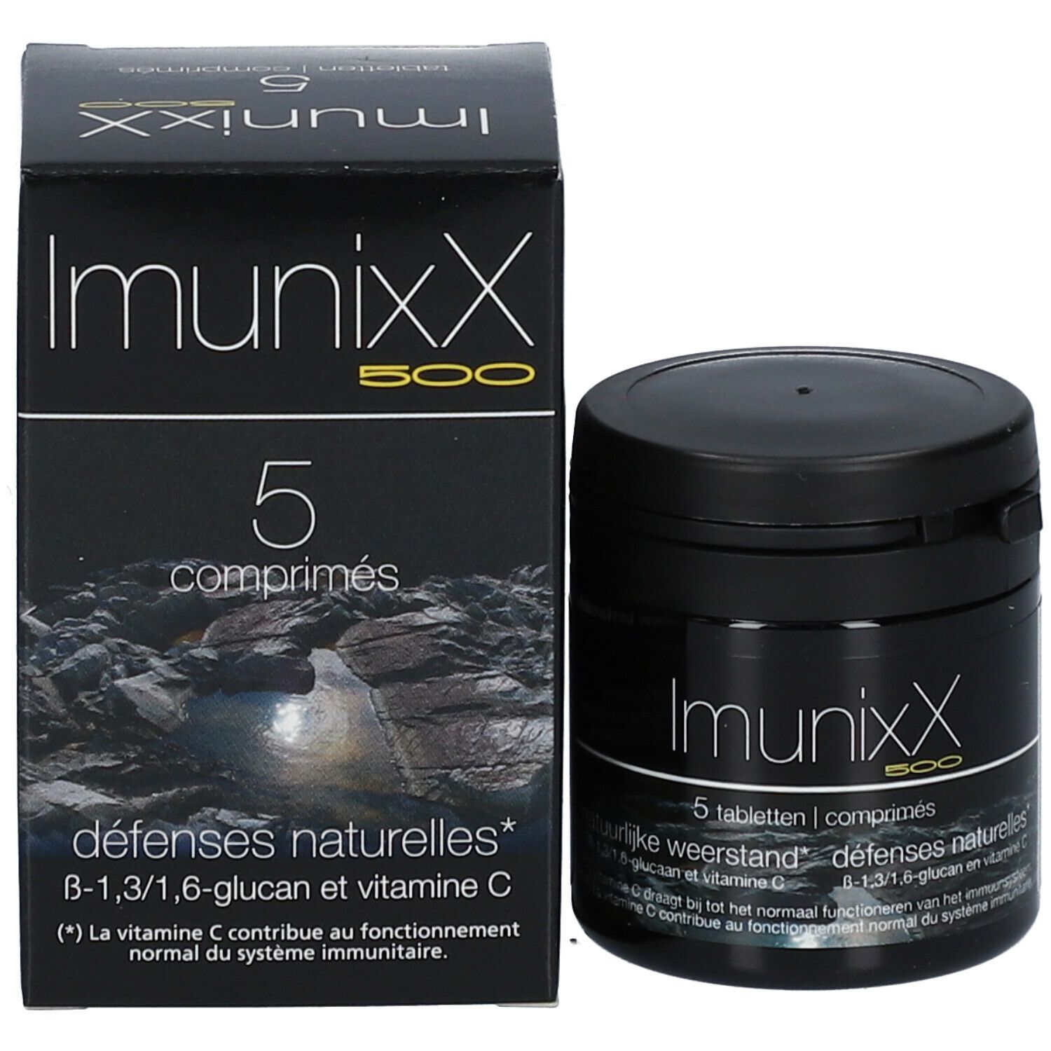 Zwarte doos en pot ImunixX 500 met 5 tabletten. Tekst: natuurlijke weerstand, B-1,3/1,6-glucan.