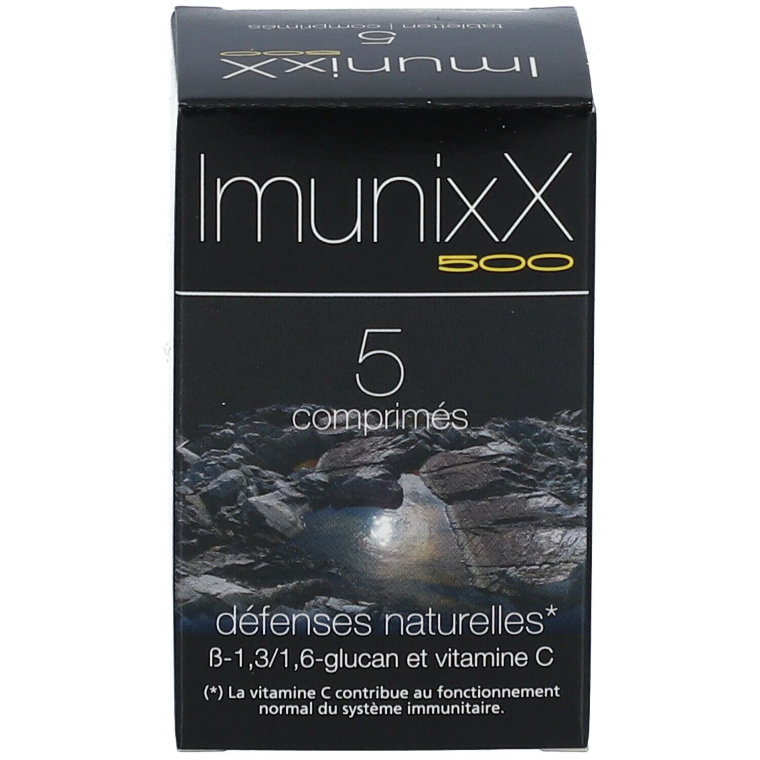 Zwarte doos ImunixX 500 met 5 tabletten. Tekst: natuurlijke weerstand, B-1,3/1,6-glucan en vitamine C.