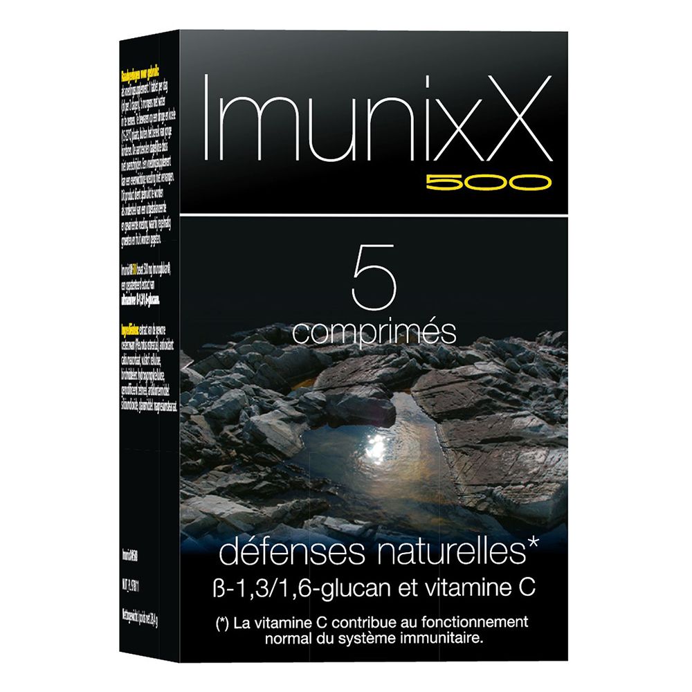 Boîte noire ImunixX 500 avec 5 comprimés. Texte : défenses naturelles, B-1,3/1,6-glucan et vitamine C.