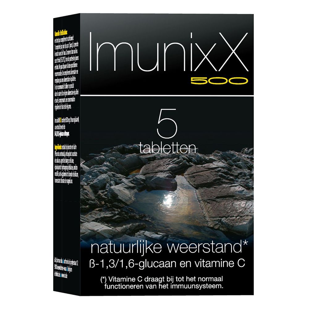Zwarte doos ImunixX 500 met 5 tabletten. Tekst: natuurlijke weerstand, B-1,3/1,6-glucan en vitamine C.