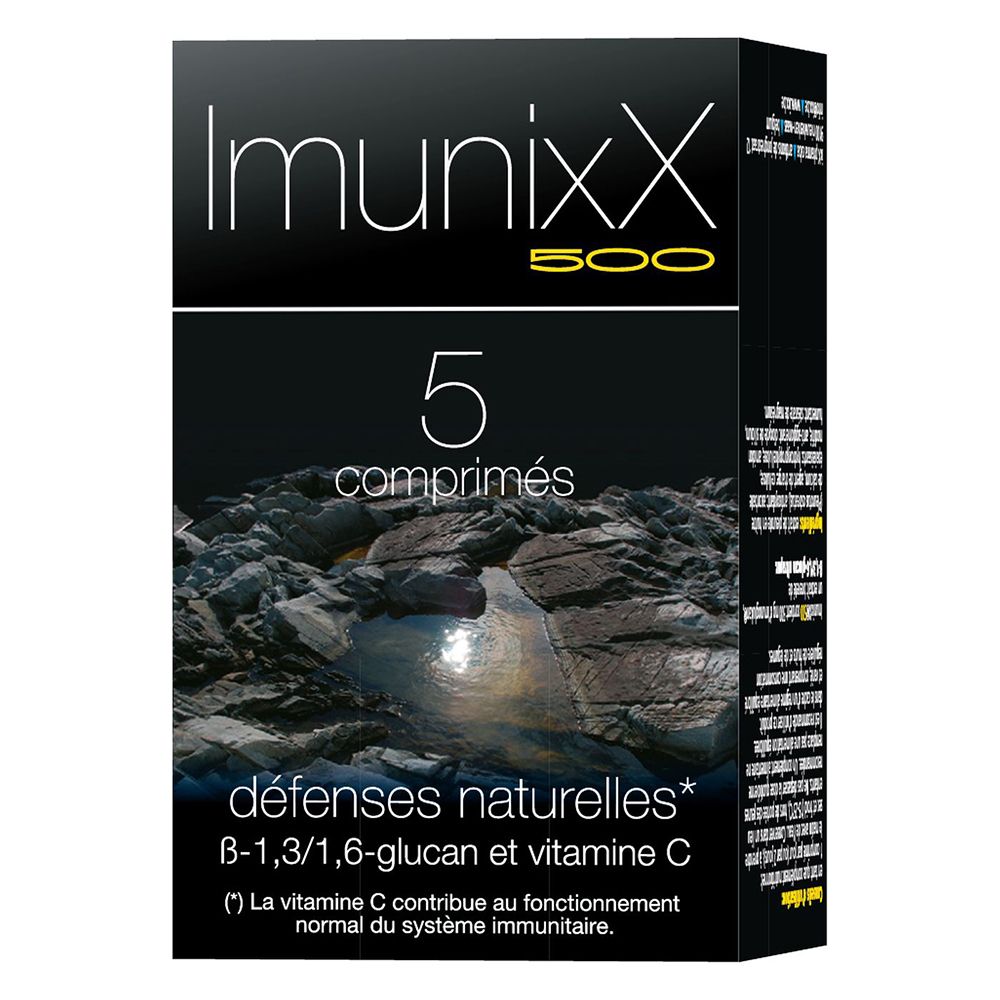 Boîte noire ImunixX 500 avec 5 comprimés. Texte : défenses naturelles, B-1,3/1,6-glucan et vitamine C.