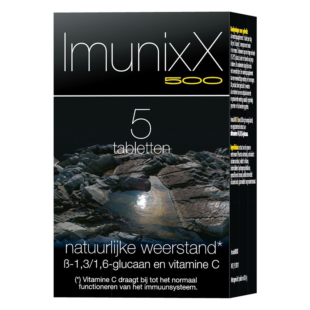 Zwarte doos ImunixX 500 met 5 tabletten. Tekst: natuurlijke weerstand, B-1,3/1,6-glucan en vitamine C.
