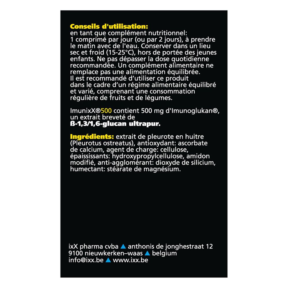Boîte noire ImunixX 500 avec 5 comprimés. Texte : défenses naturelles, B-1,3/1,6-glucan et vitamine C.
