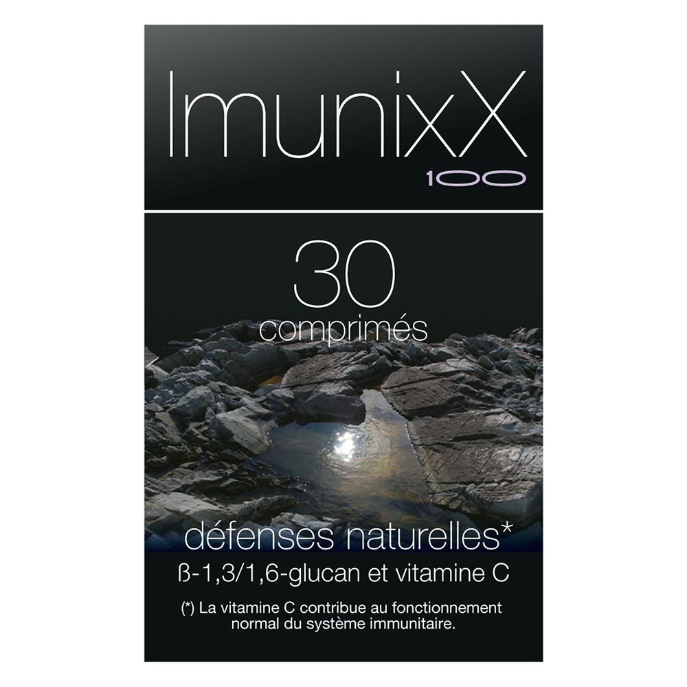 Boîte ImunixX 100. Inscription: 30 comprimés, défenses naturelles, B-1,3/1,6-glucan et vitamine C.