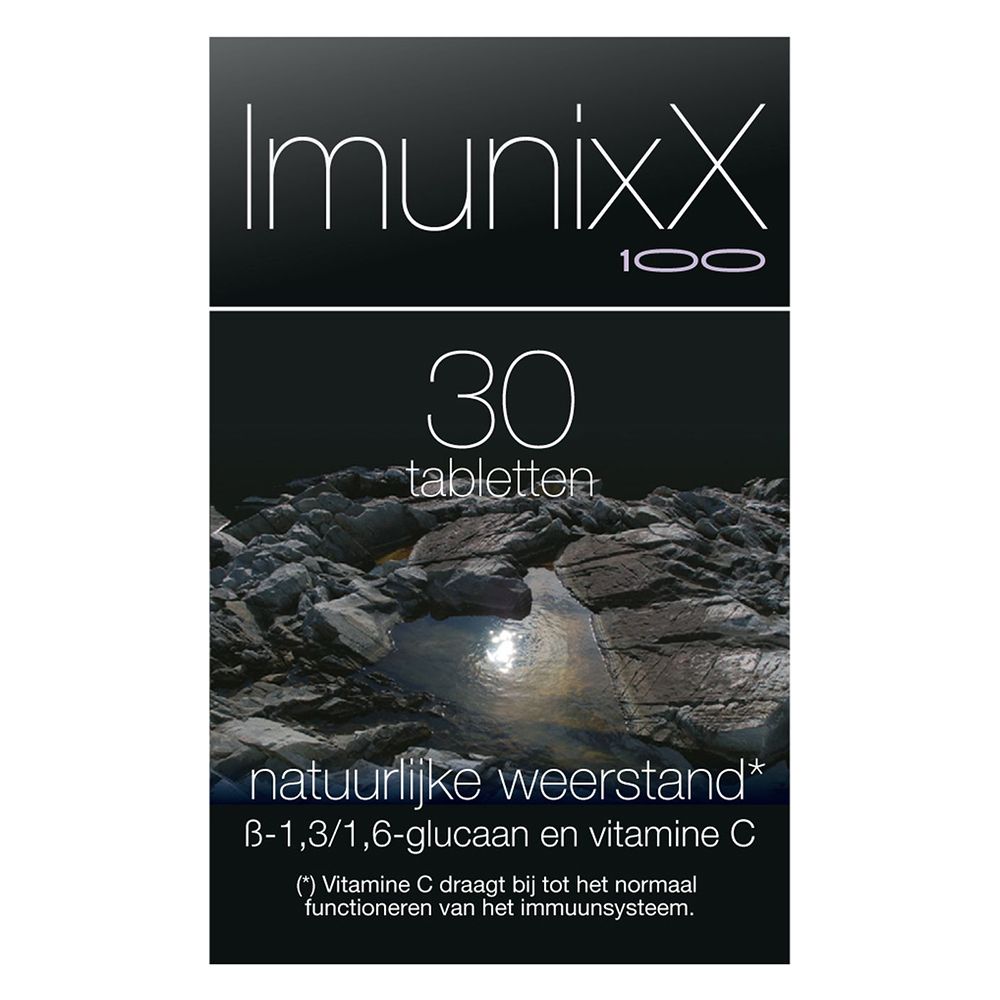 ImunixX 100 verpakking. Opschrift: 30 tabletten, natuurlijke weerstand, B-1,3/1,6-glucaan en vitamine C.