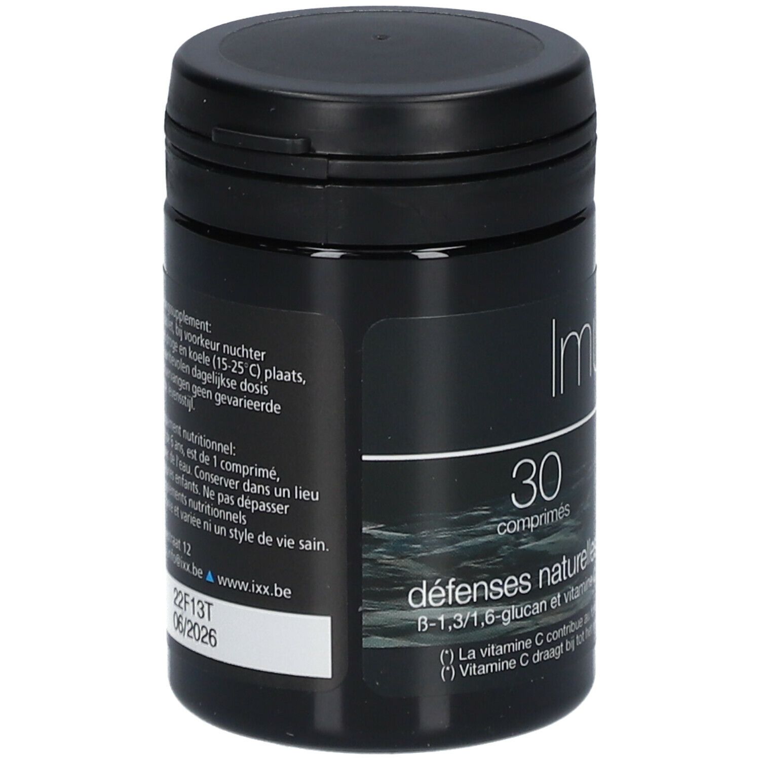 Zwarte fles ImunixX 100. Achterkant met tekst. Opschrift: 30 comprimés, défenses naturelles, B-1,3/1,6-glucan en vitamine C.