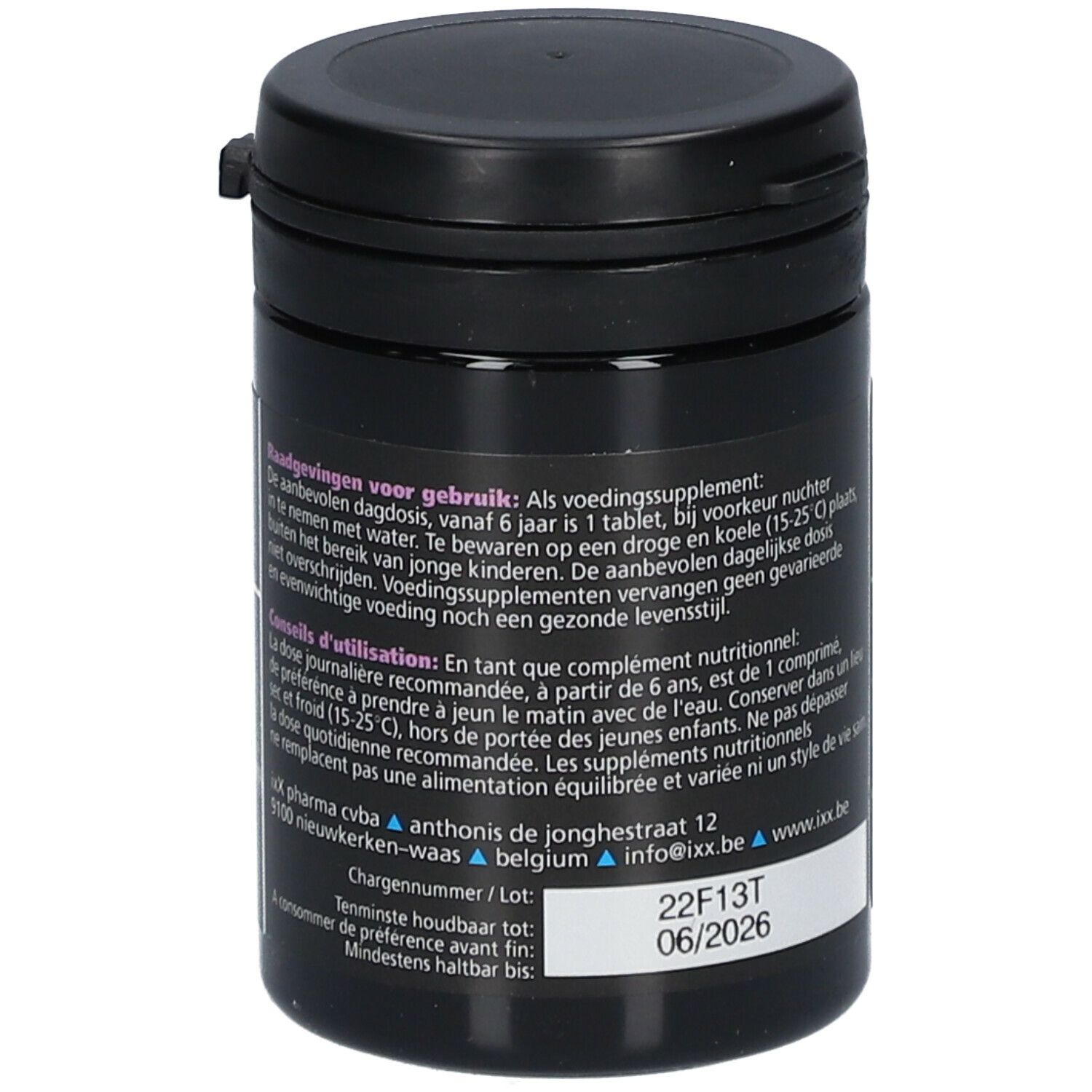Zwarte fles ImunixX 100. Achterkant met tekst. Opschrift: 30 comprimés, défenses naturelles, B-1,3/1,6-glucan en vitamine C.