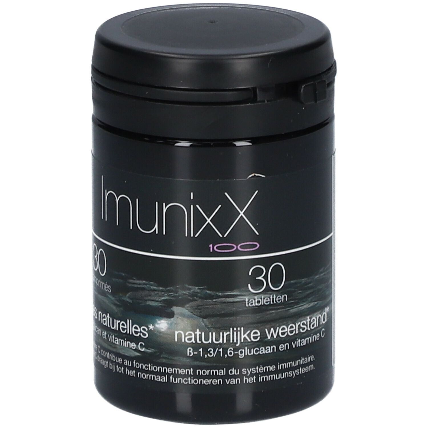 Zwarte fles ImunixX 100. Opschrift: 30 comprimés, défenses naturelles, B-1,3/1,6-glucan en vitamine C.