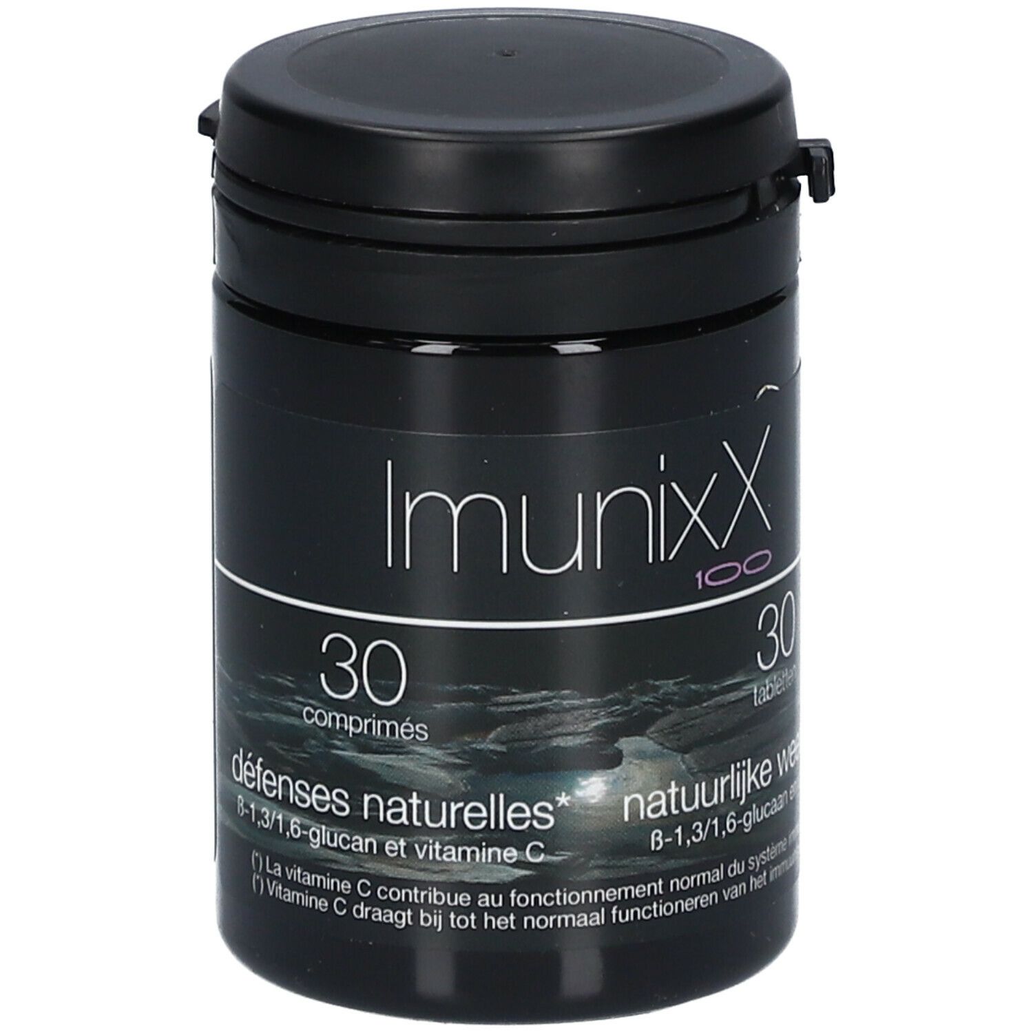 Zwarte fles ImunixX 100. Opschrift: 30 tabletten, natuurlijke weerstand, B-1,3/1,6-glucaan en vitamine C.