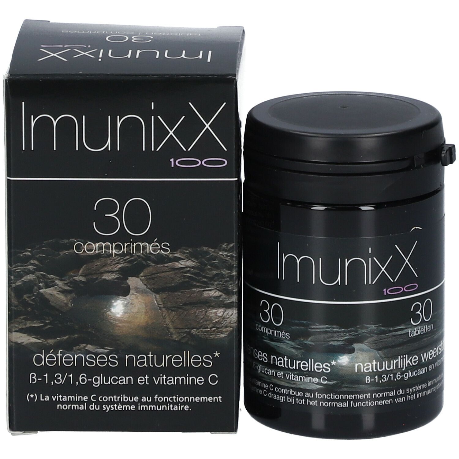 ImunixX 100 verpakking en fles. Opschrift: 30 comprimés, défenses naturelles, B-1,3/1,6-glucan en vitamine C.