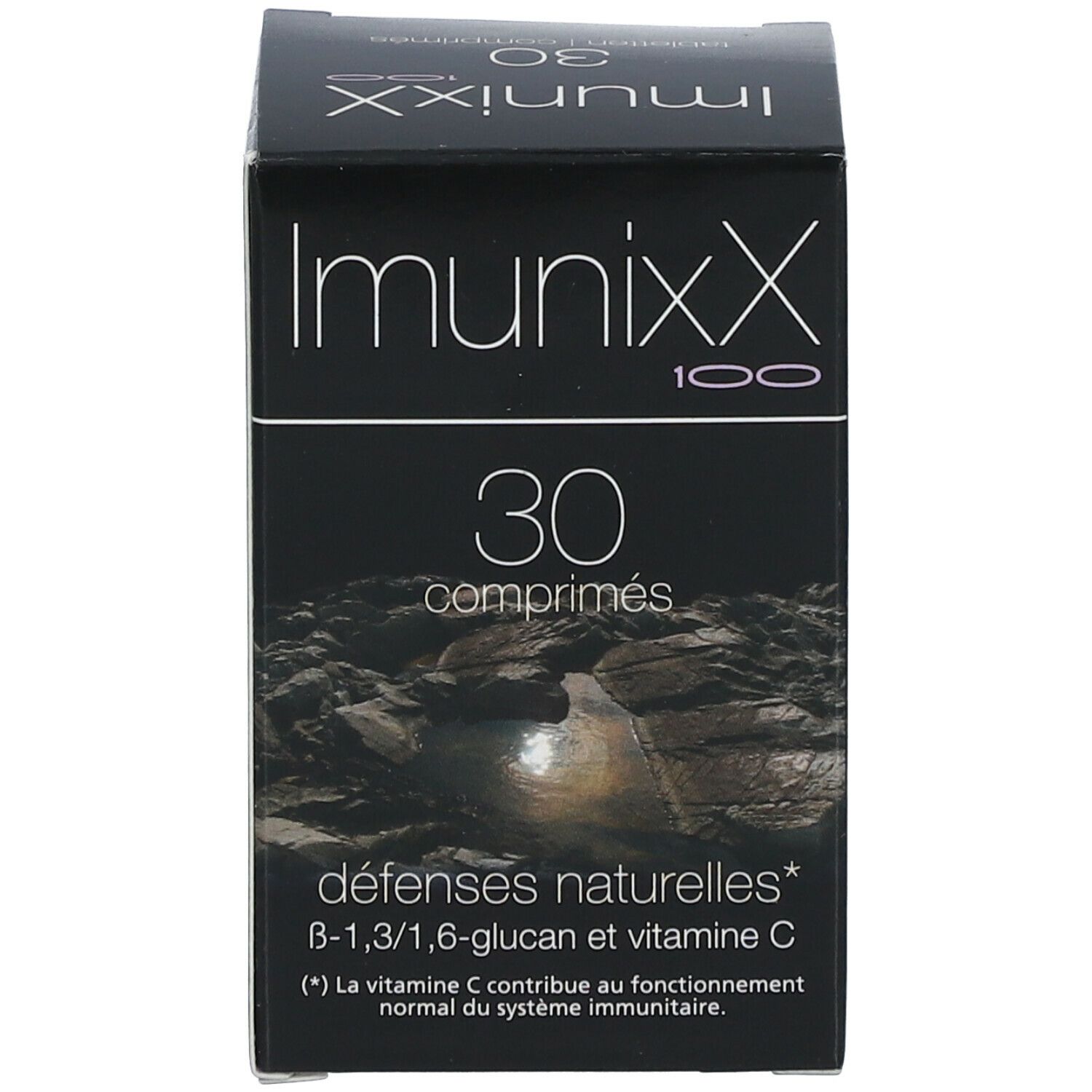 ImunixX 100 verpakking. Opschrift: 30 comprimés, défenses naturelles, B-1,3/1,6-glucan en vitamine C.