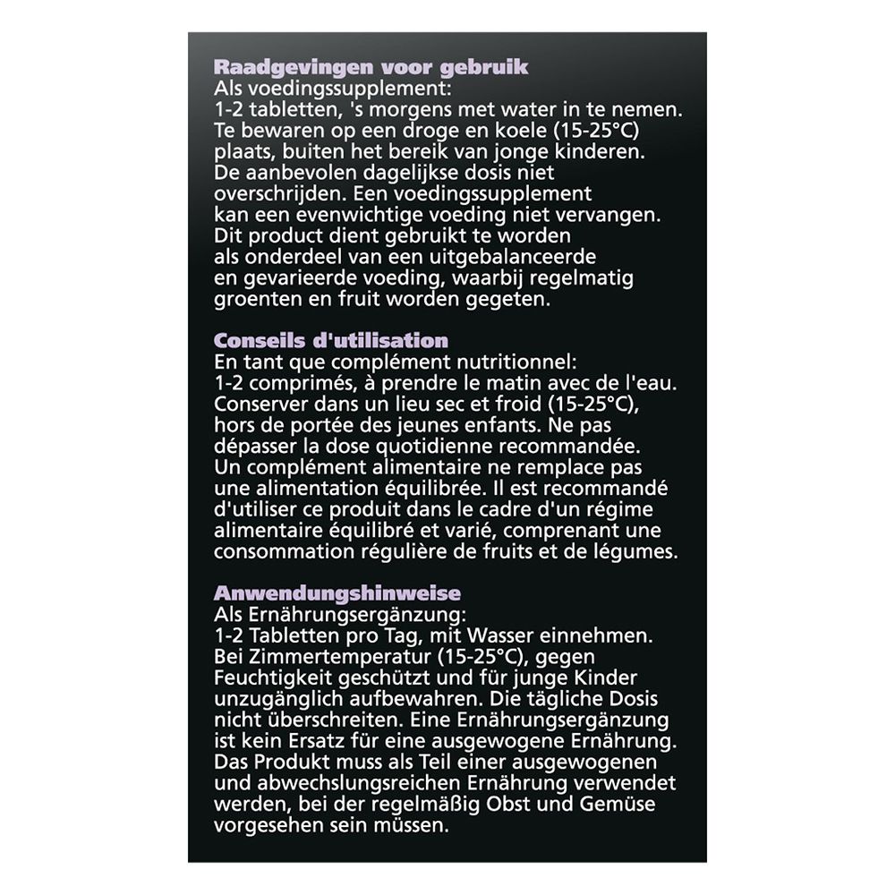 Achterkant van de ImunixX 100 verpakking. Tekst in meerdere talen.