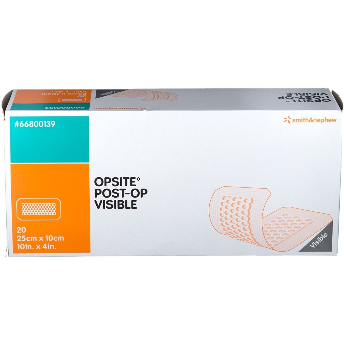 Boîte de pansements OPSITE Post-Op Visible. Contient 20 unités, 25cm x 10cm. Marque Smith & Nephew.