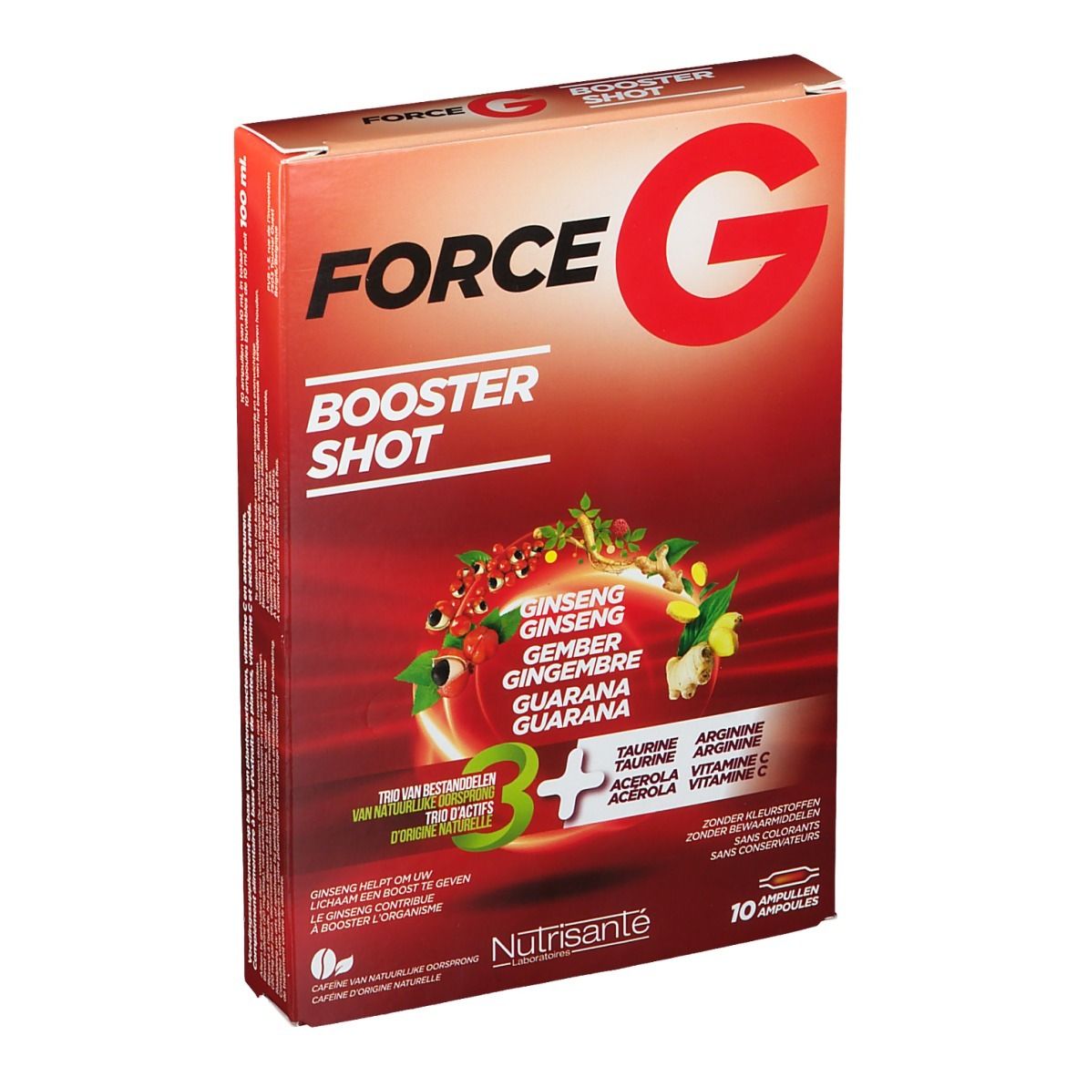 Boîte rouge "FORCE G BOOSTER SHOT". Contient ginseng, gingembre, guarana. 10 ampoules. Marque: Nutrisante.