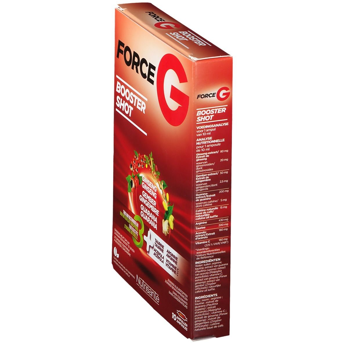 Boîte rouge "FORCE G BOOSTER SHOT". Contient ginseng, gingembre, guarana. 10 ampoules. Marque: Nutrisante. Vue latérale.