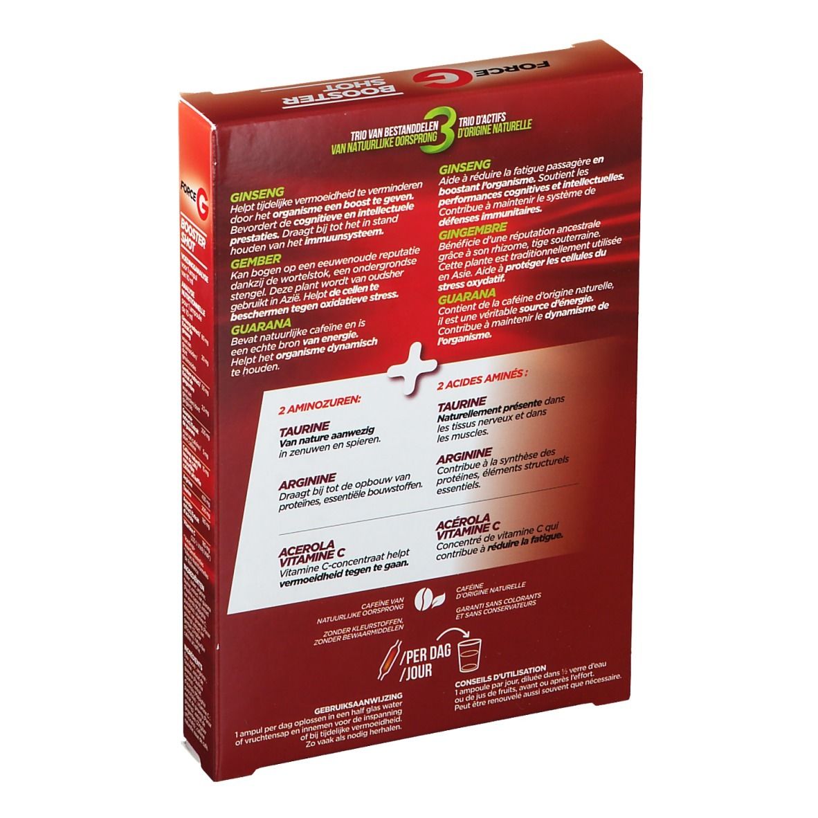 Dos de la boîte rouge. Texte sur ingrédients, avantages et utilisation. Marque: Nutrisante. 10 ampoules.