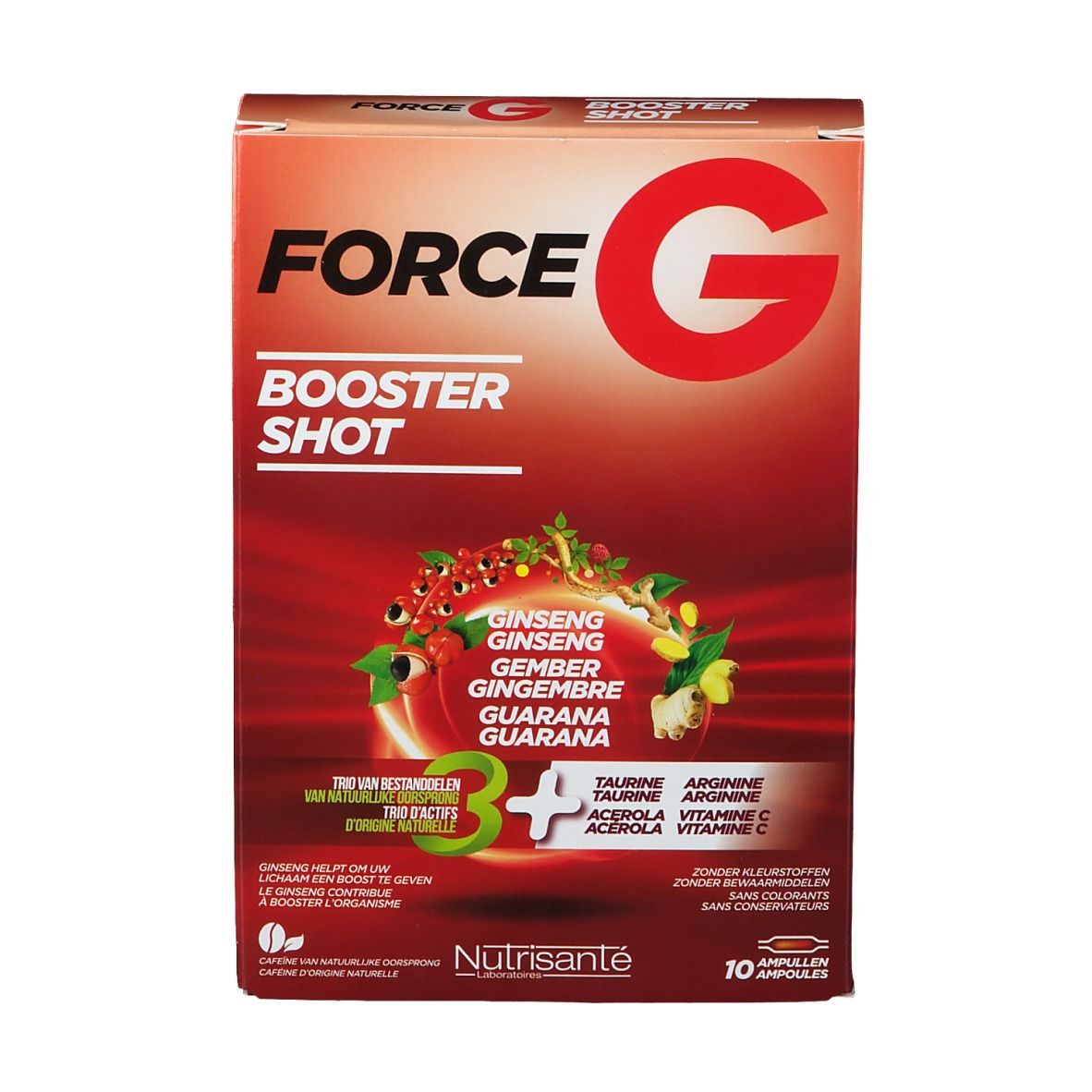 Boîte rouge "FORCE G BOOSTER SHOT". Contient ginseng, gingembre, guarana. 10 ampoules. Marque: Nutrisante. Vue de dessus.