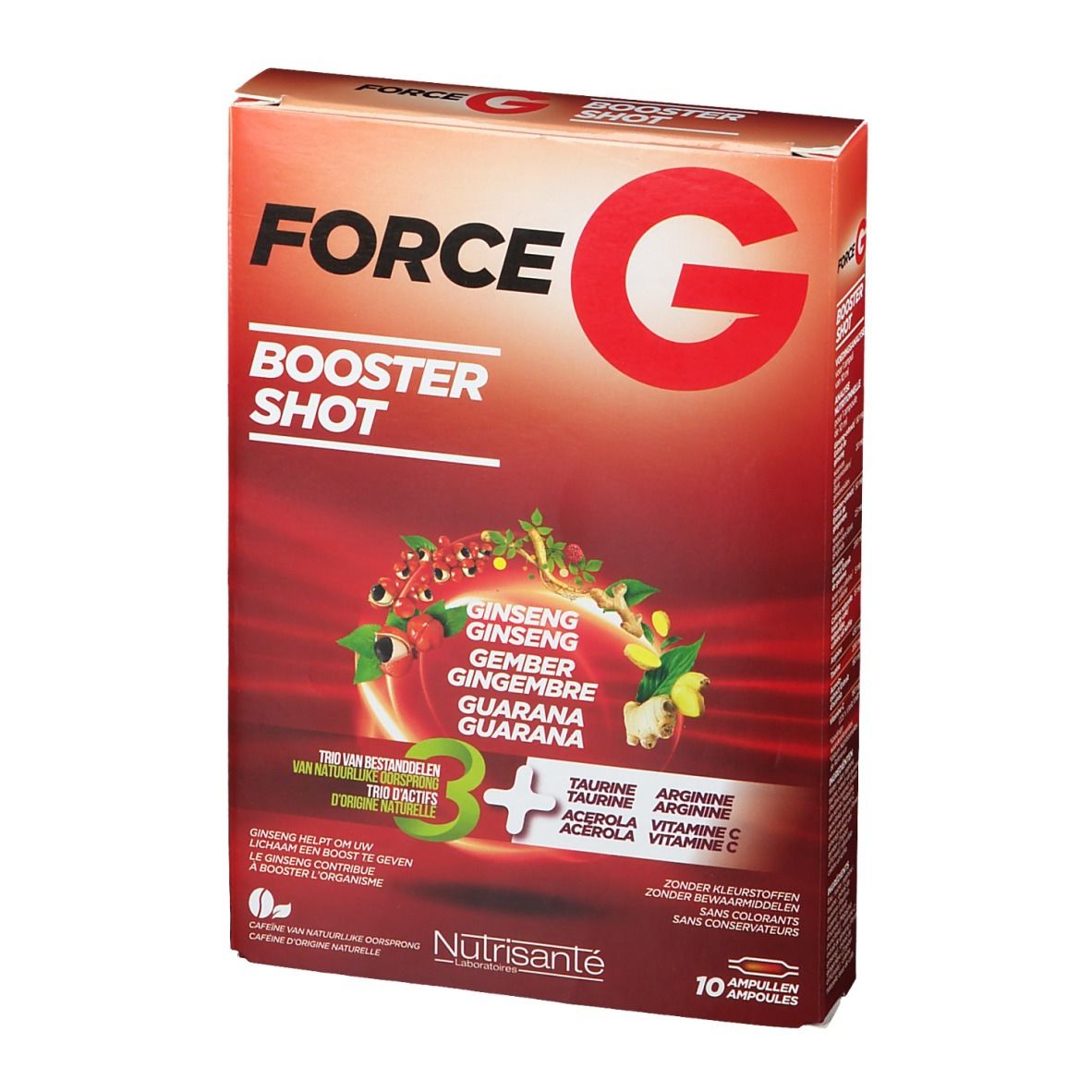 Boîte rouge "FORCE G BOOSTER SHOT". Contient ginseng, gingembre, guarana. 10 ampoules. Marque: Nutrisante. Vue de face.