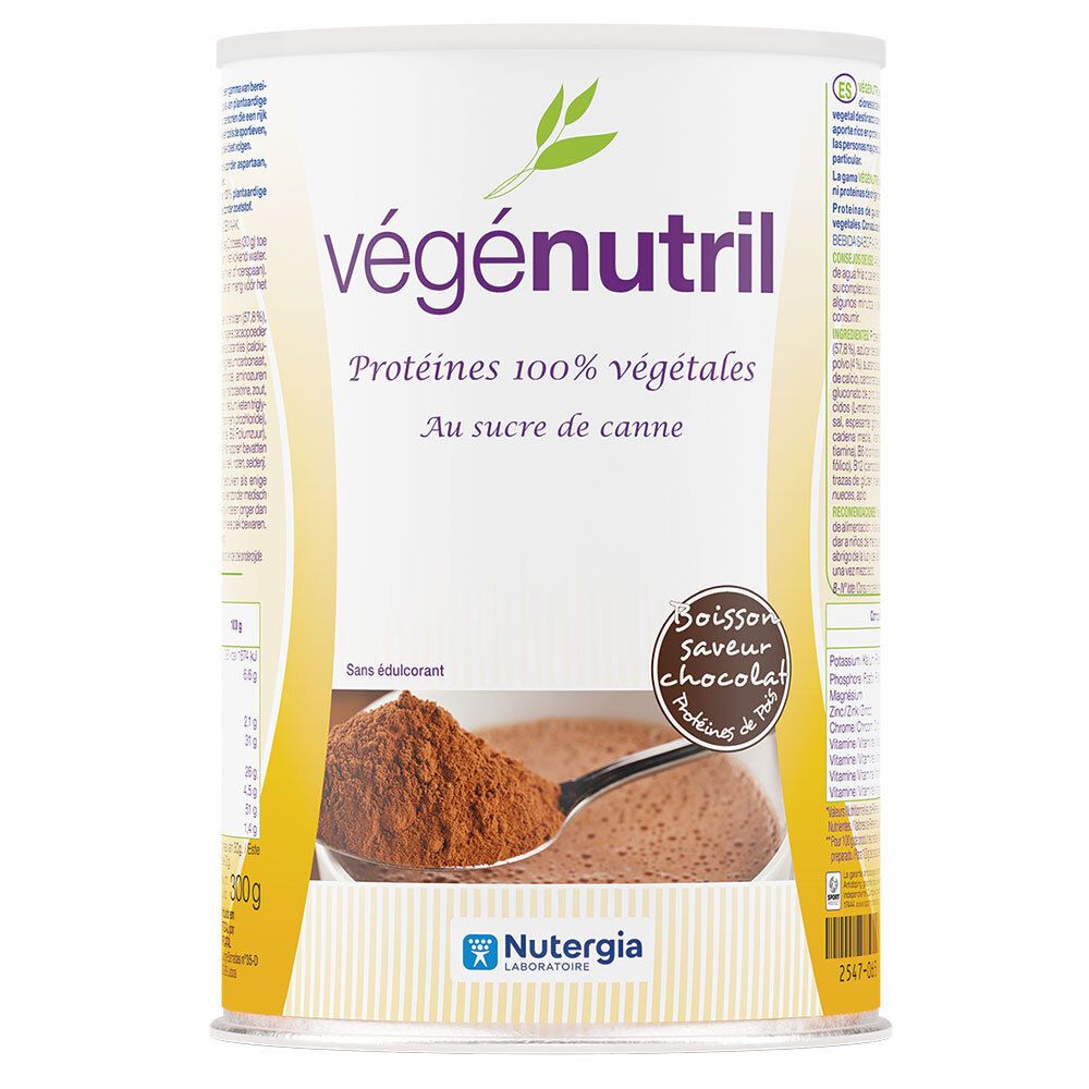 Blik végénutril, 100% plantaardige eiwitten, chocoladesmaak. Lepel met poeder. Merk Nutergia.