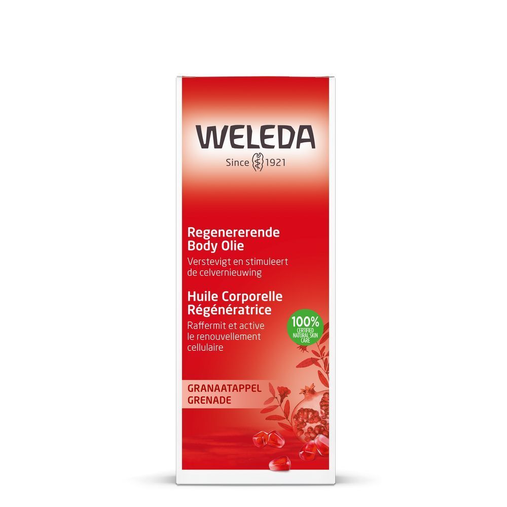 Weiße Verpackung mit rotem Etikett. Text: Weleda, Regenerierendes Body Oil, Granatapfel. Grünes Logo: 100% natürliche Inhaltsstoffe.