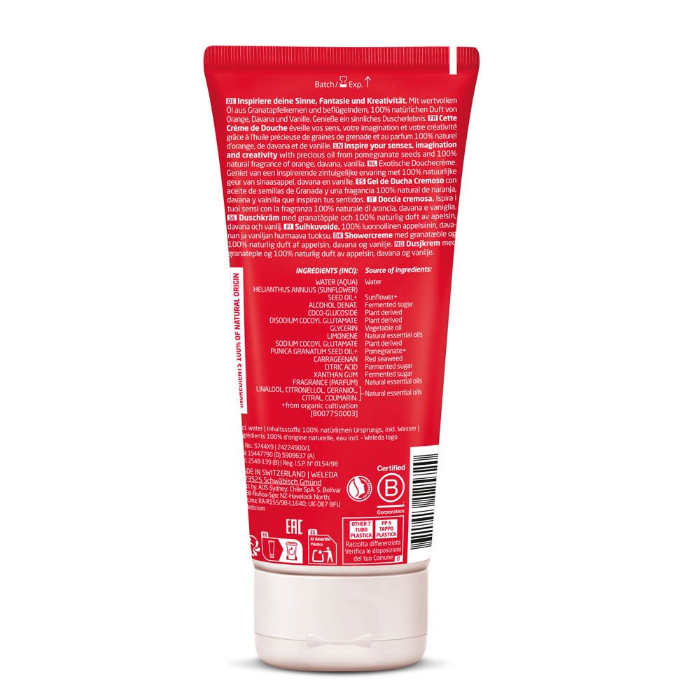 Dos du tube de crème de douche Weleda. Texte multilingue. Ingrédients et certifications.