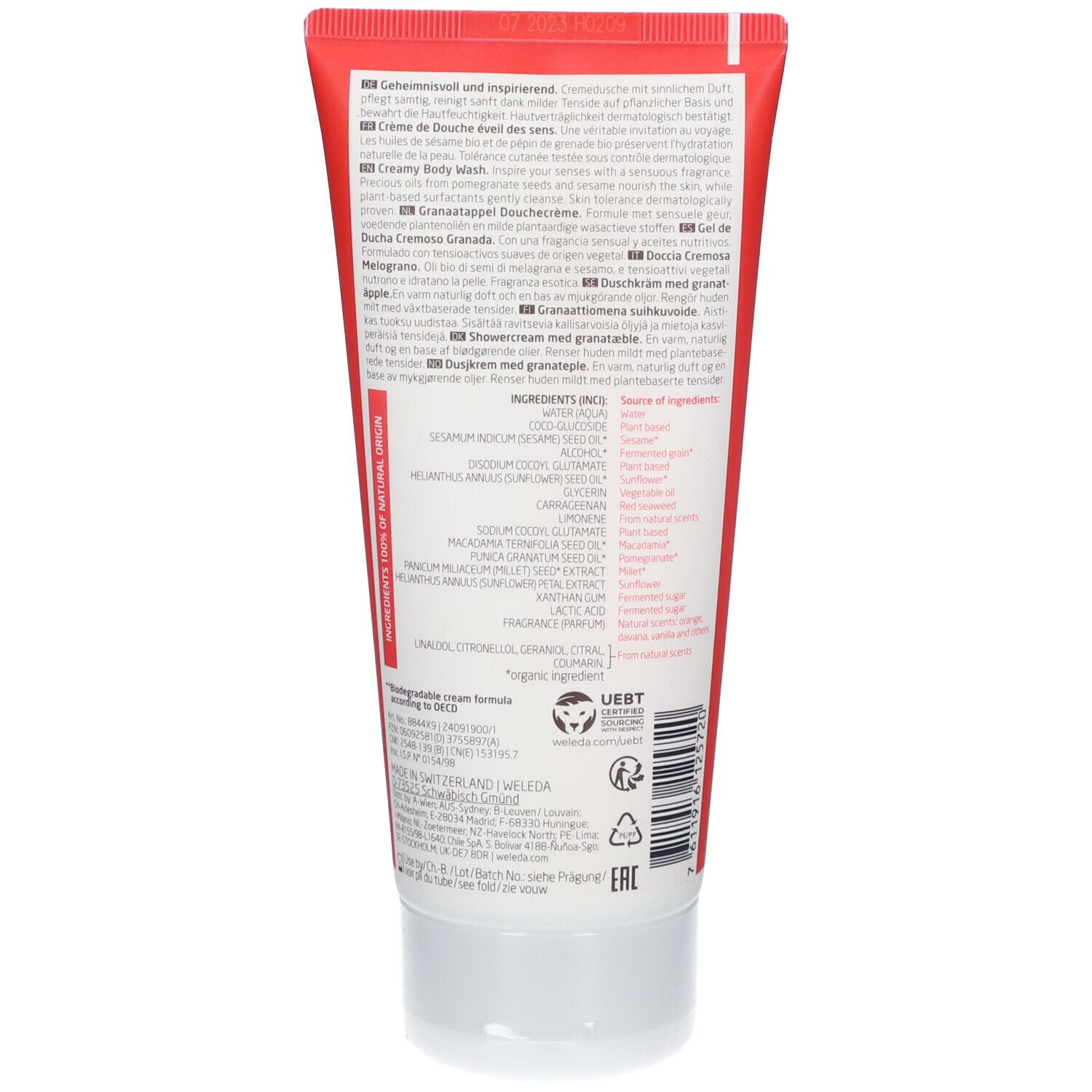 Dos du tube de crème de douche Weleda. Texte multilingue. Ingrédients et certifications.