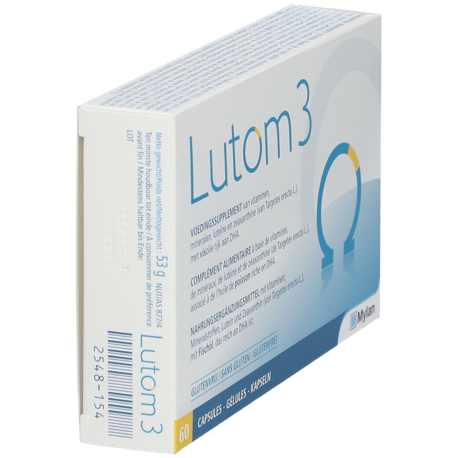 Vue latérale de la boîte Lutom 3. Contient 60 gélules. Graphique bleu et jaune. Texte multilingue.