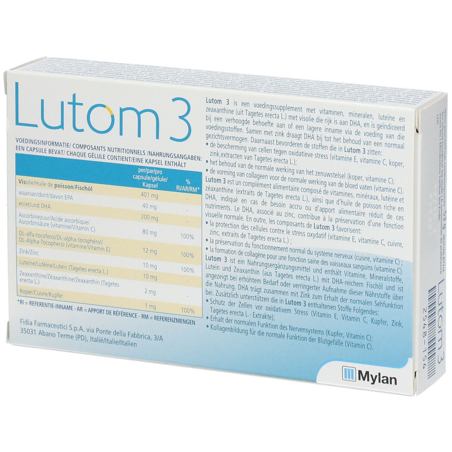 Boîte Lutom 3, dos avec informations nutritionnelles et ingrédients. Texte multilingue.