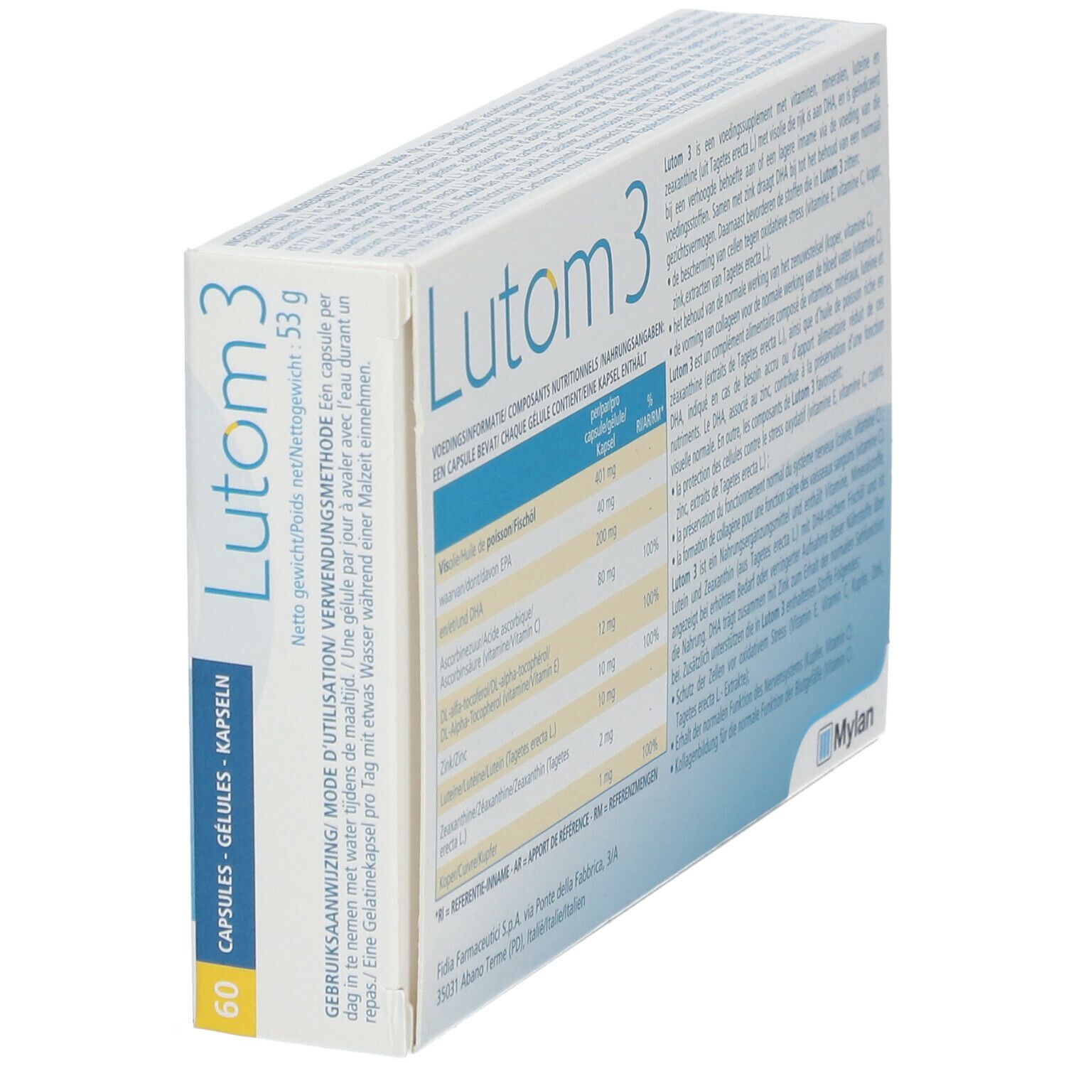 Vue latérale de la boîte Lutom 3 avec informations. Texte multilingue. 60 gélules.