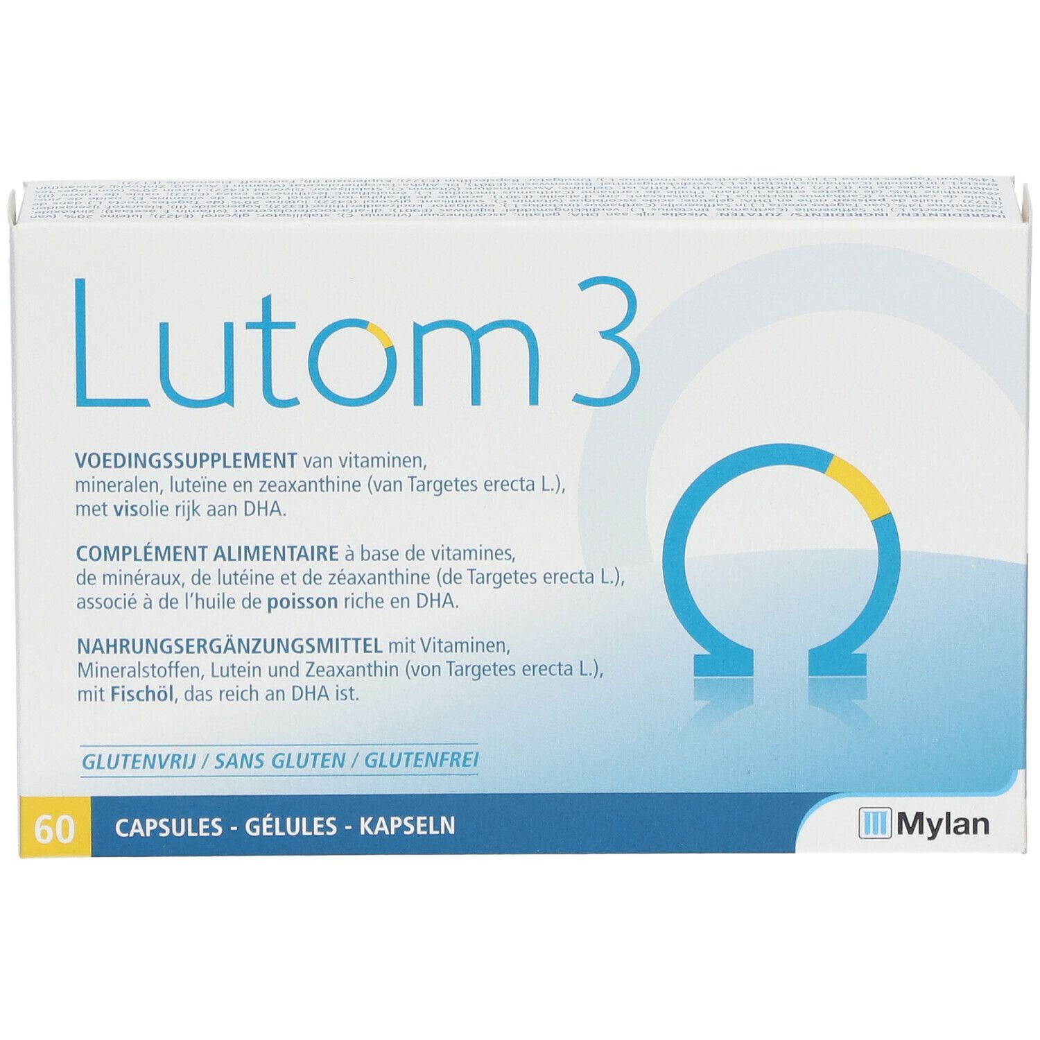 Boîte de Lutom 3, 60 gélules. Graphique bleu et jaune. Texte multilingue.