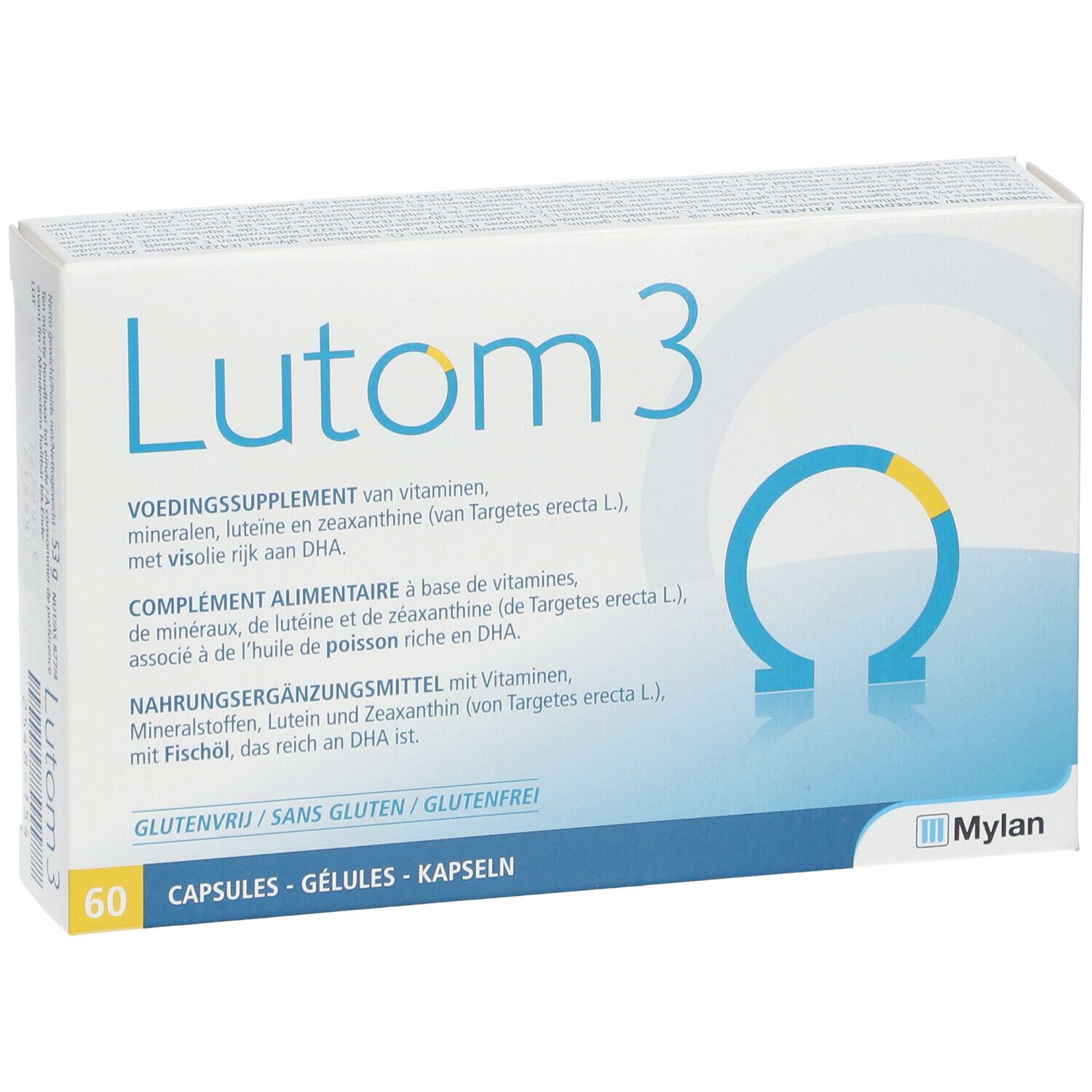 Boîte de Lutom 3, 60 gélules. Graphique bleu et jaune. Texte multilingue.