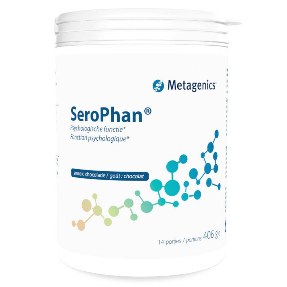 Witte pot met Serophan-label, chocoladesmaak. Metagenics-logo. 14 porties, 406 g.