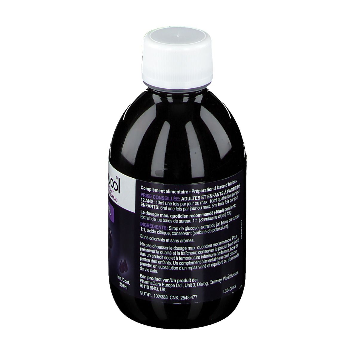 Dos d'une bouteille sombre avec bouchon blanc. Texte : informations sur le produit, dosage, ingrédients.