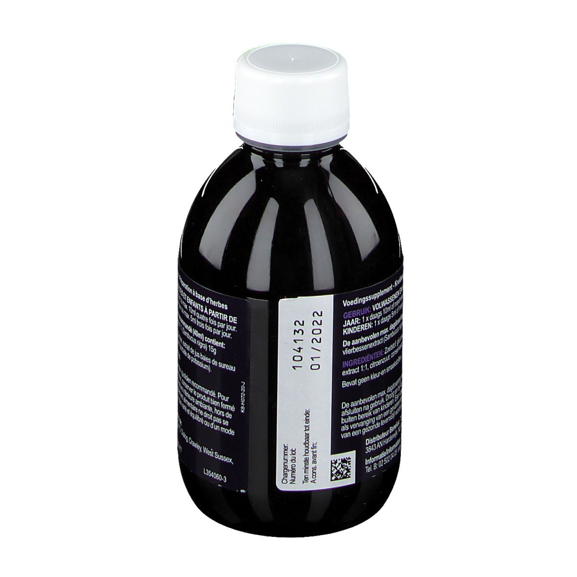 Dos d'une bouteille sombre avec bouchon blanc. Texte : numéro de lot, date de péremption, informations sur le produit.