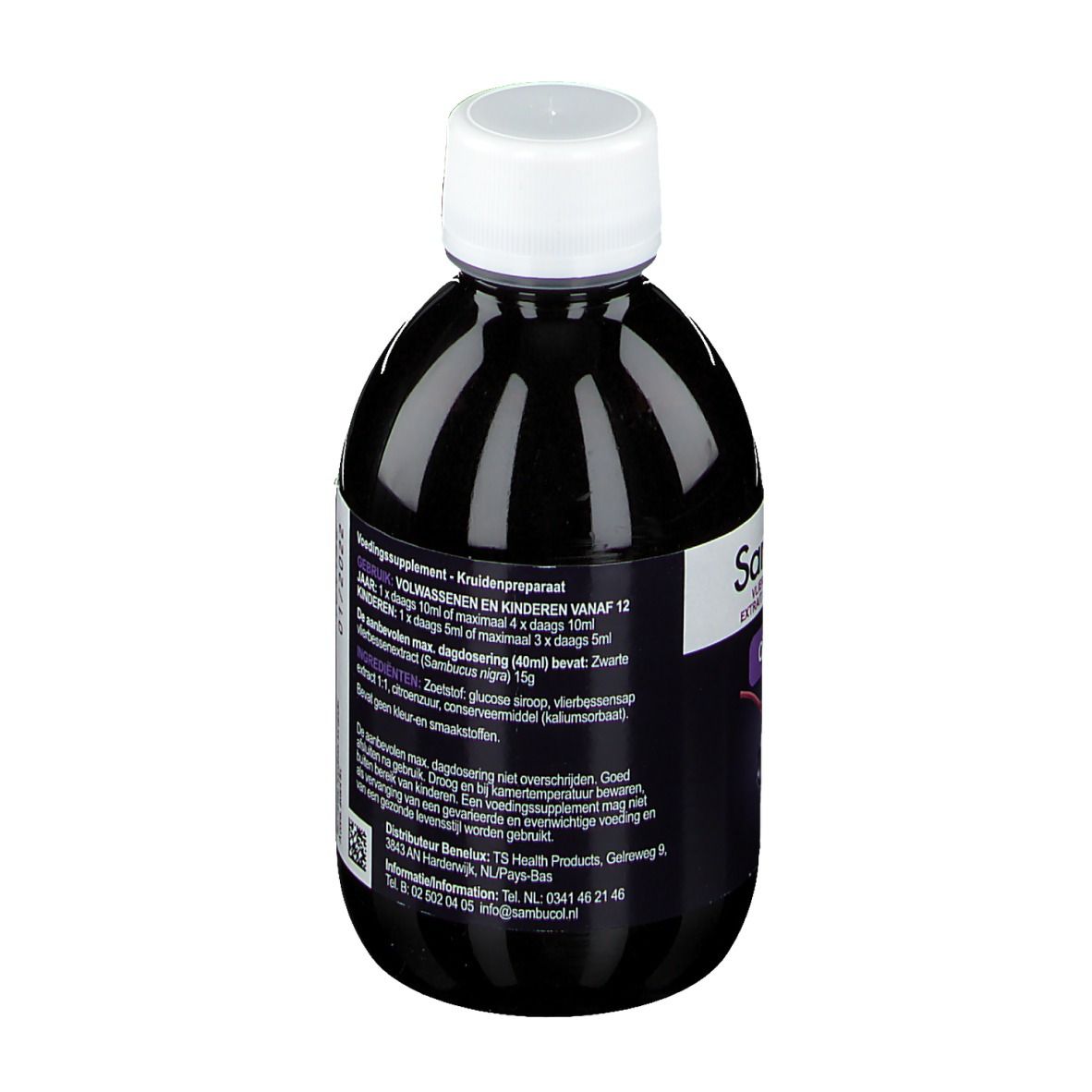 Dos d'une bouteille sombre avec bouchon blanc. Texte : informations sur le produit, dosage, ingrédients.