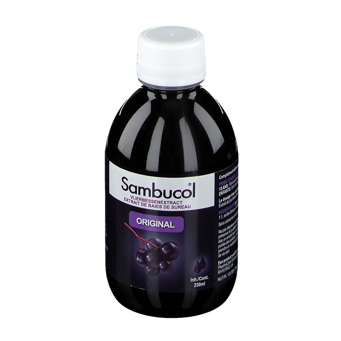 Bouteille sombre avec bouchon blanc. Inscription : Sambucol Original. Illustration de baies de sureau.