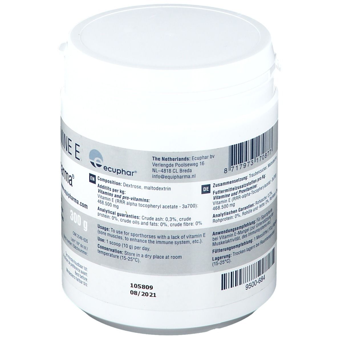Witte pot met etiket. Bevat informatie over ingrediënten, dosering en opslag. Fabrikant: Ecuphar.