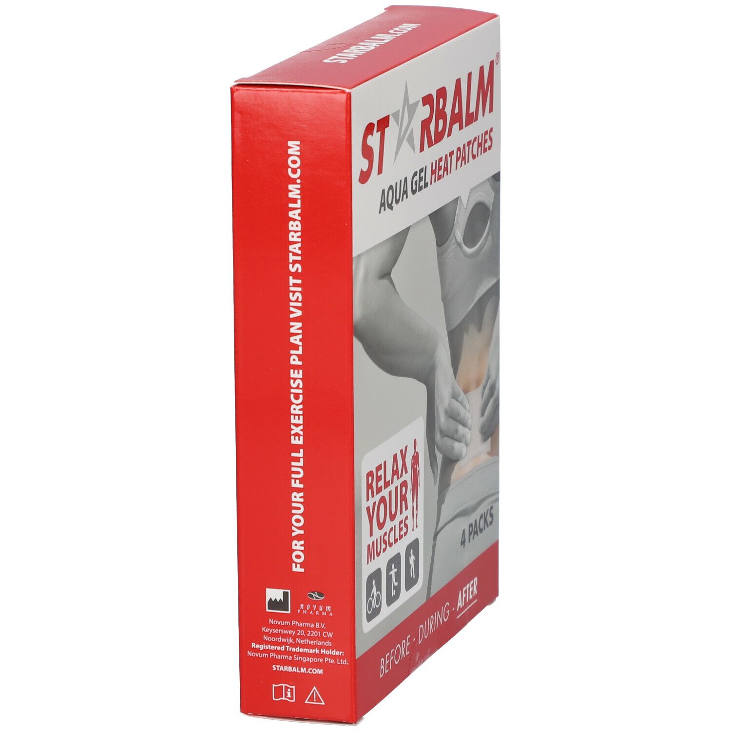 Boîte STARBALM Heat Patches. Inscription : Aqua Gel Heat Patches, 4 packs. Côté avec texte et logo.