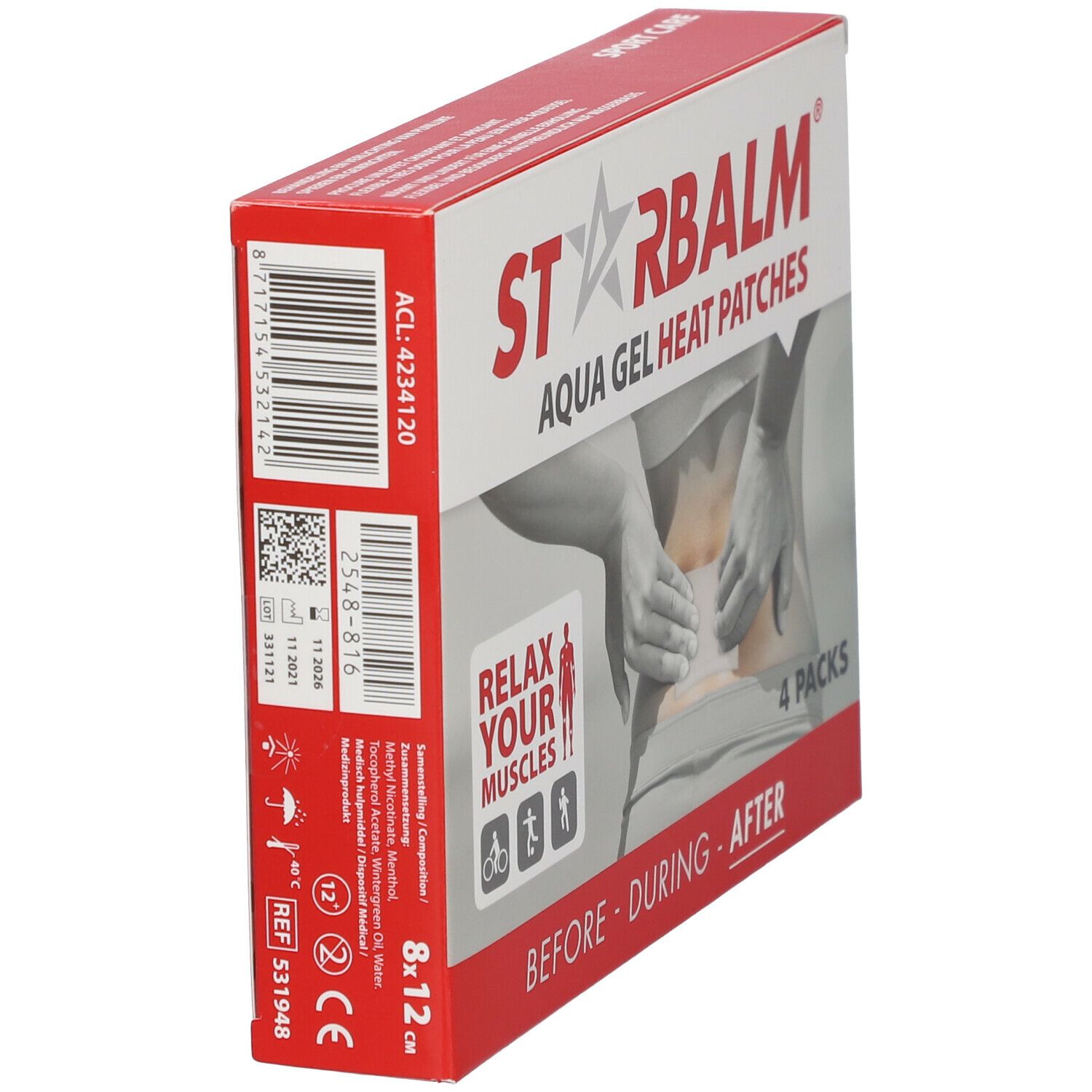 Boîte STARBALM Heat Patches. Inscription : Aqua Gel Heat Patches, 4 packs. Côté avec texte et logo.
